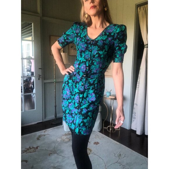 VintagFloral Midi Dress, Puff Sleeve Dress, 80s Dress, like Laura Ashley | Small - Picture 2 of 10